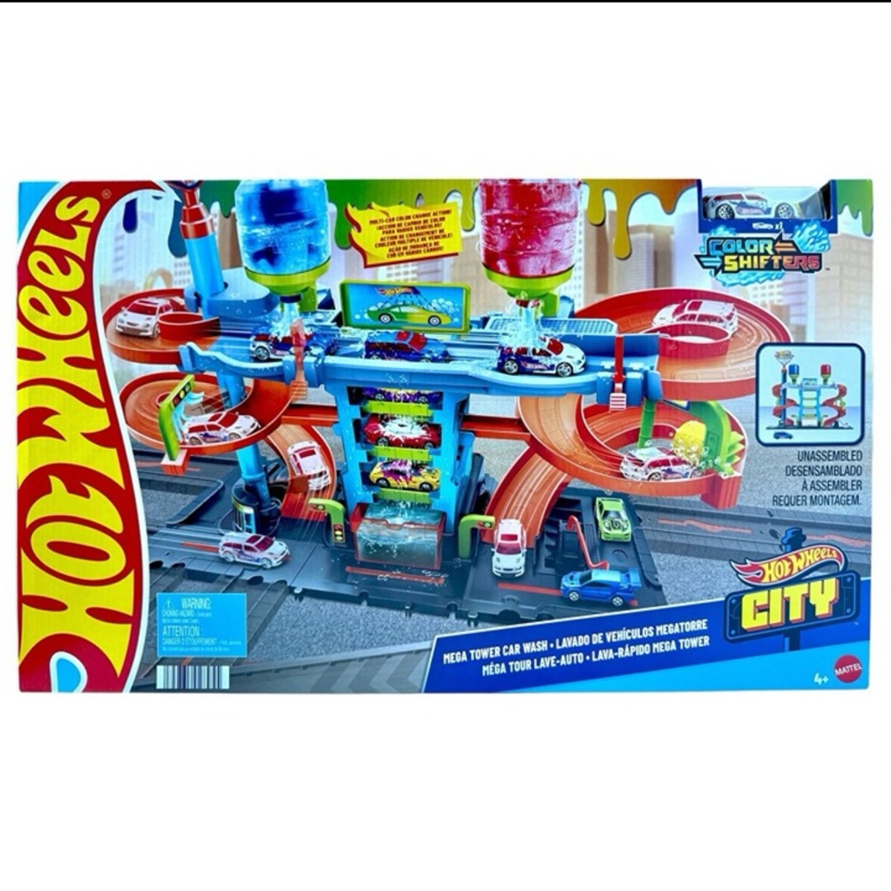 Hot Wheels Mega Tower Car Wash with color shifters Playset